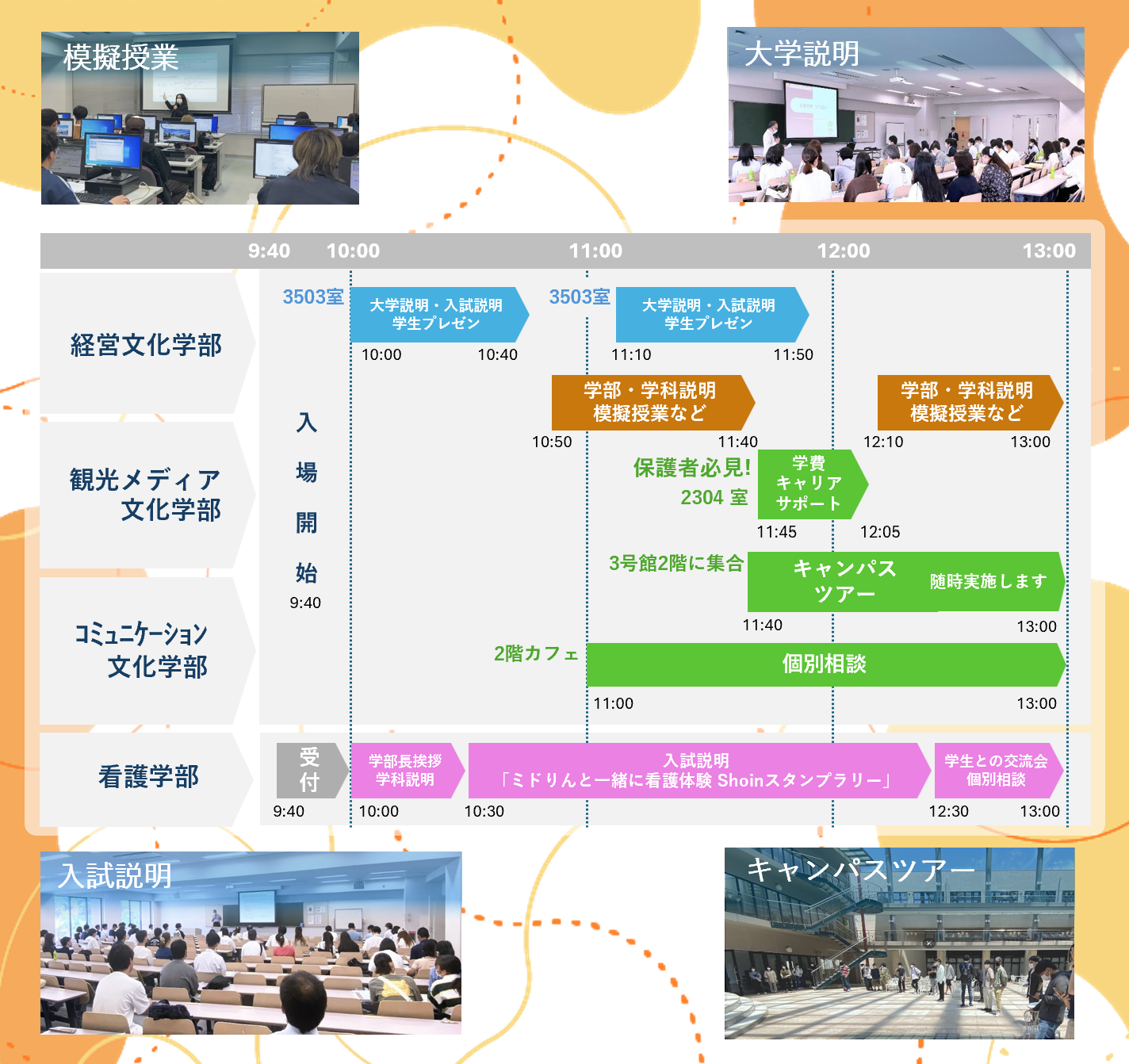 松蔭大学 オープンキャンパス2026 タイムテーブル（経営文化学部・コミュニケーション文化学部・観光メディア文化学部・看護学部）
